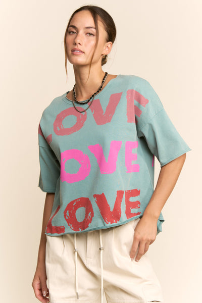 GARMENT WASHED LOVE PRINTED SHORT SLEEVE TOP