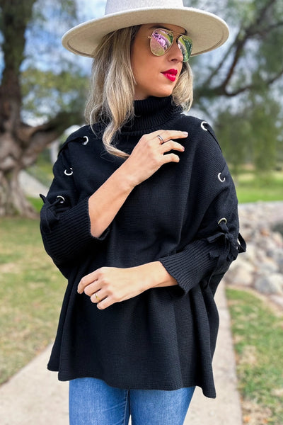 Black Lace-Up Sleeve Turtleneck Knitted Poncho Top
