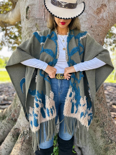 Olive/Grey Boho 3D Textured Abstract Fringe Ruana Wrap