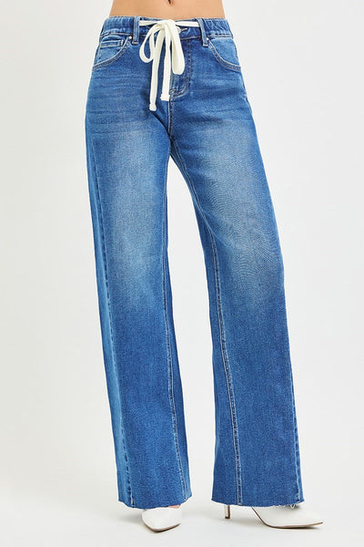 SLOUCHY BAGGY JEANS WITH WAISTBAND DRAWSTRING AND SIDE CONTRAST