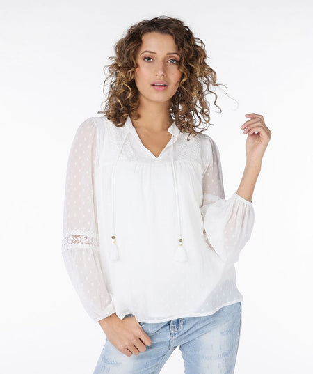Lucinda Embroidered Puff Sleeve Tassel Tie Top by THML