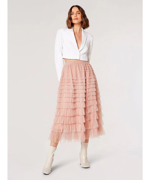 Apricot Tulle Layered Midi Skirt - Pink
