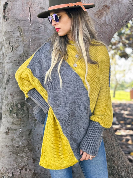 Mustard Taupe Grey Cable Knit Dolman Sleeve Pullover Sweater