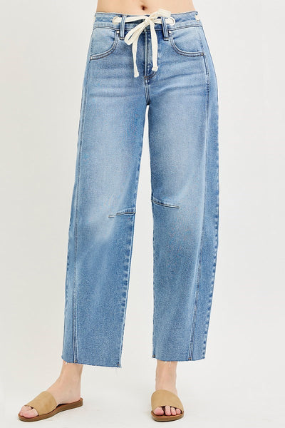 SLOUCHY ANKLE BARREL JEANS WITH WAISTBAND DRAWSTRING
