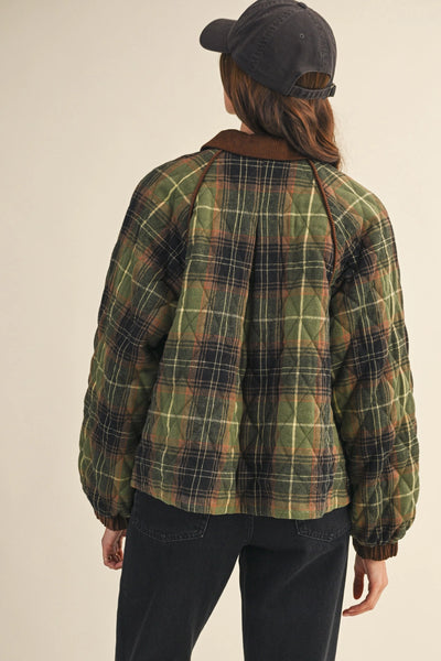 Plaid Quilted Jacket with Contrast Corduroy Detail