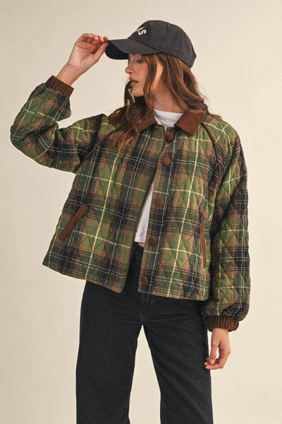 Plaid Quilted Jacket with Contrast Corduroy Detail