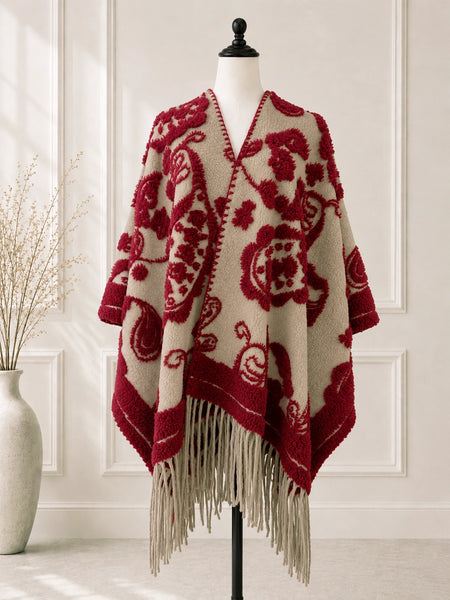 Red Western Boho 3D Textured Paisley Fringe Ruana Wrap