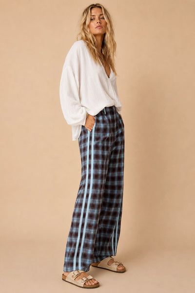 Plaid Side-Stripe Wide-Leg Trousers