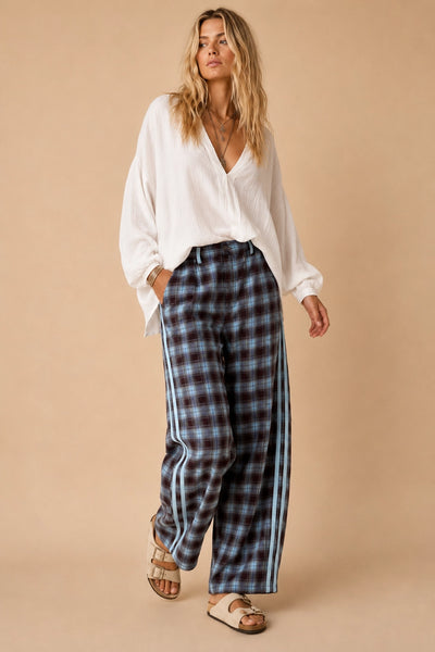 Plaid Side-Stripe Wide-Leg Trousers