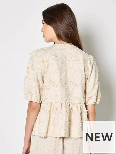 3D Embroidered Peplum Linen Top - Cream