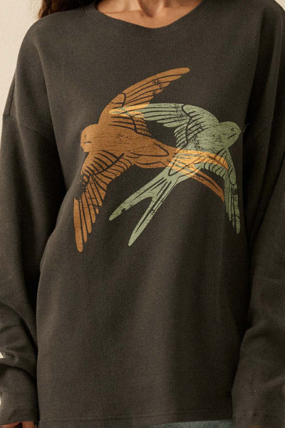 Flying Birds Waffle-Knit Vintage-Wash Sweatshirt