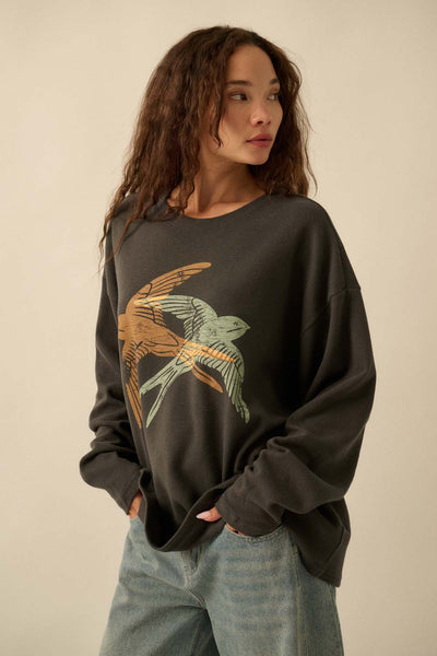Flying Birds Waffle-Knit Vintage-Wash Sweatshirt