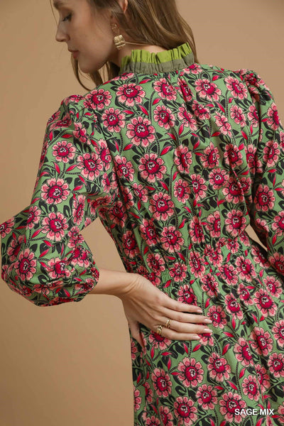 Mix Floral Ruffle Midi Dress