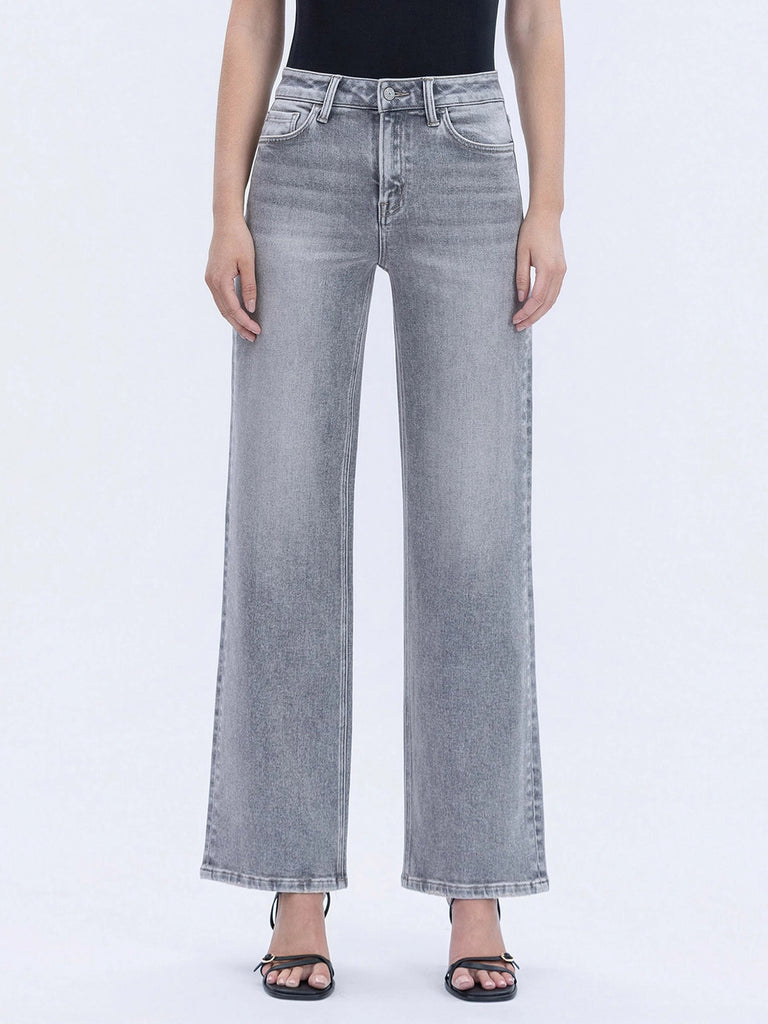 High Rise Full Length Grey Wide Leg Jeans