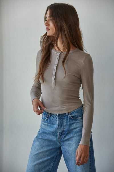 Knit Ribbed Crew Neck Long Sleeve Half Button Up Top