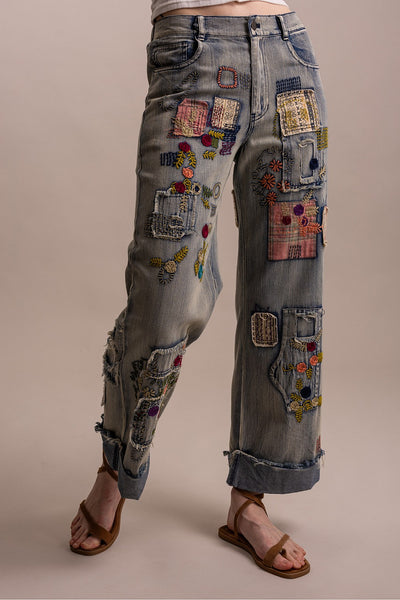 PATCHWORK EMBROIDERED WIDE LEG DENIM PANTS