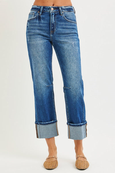 STRAIGHT CUFFED JEANS WITH DISTRESSED HEM