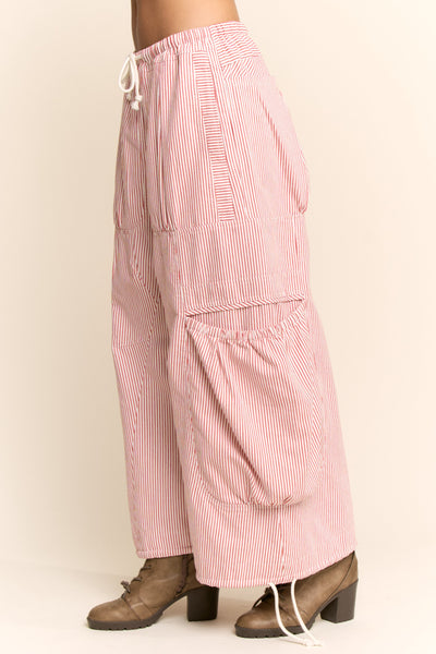 STRIPED DRAWSTRING WIDE LEG BARREL PANTS