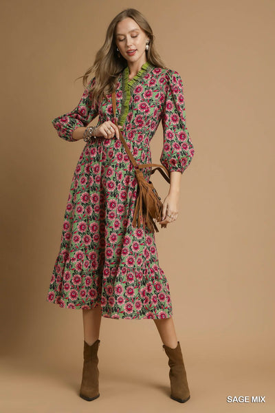 Mix Floral Ruffle Midi Dress