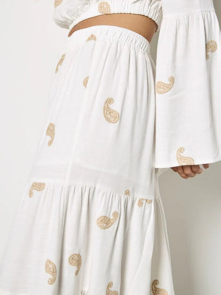 Paisley Embroidered Linen Tier Skirt