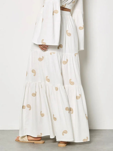 Paisley Embroidered Linen Tier Skirt