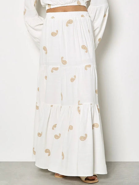 Paisley Embroidered Linen Tier Skirt