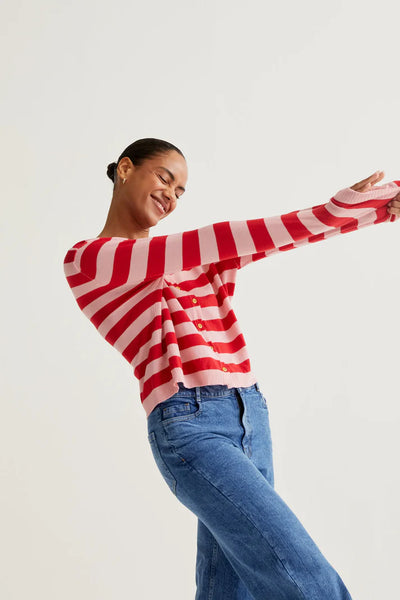 Soft Knit Cardigan With Pink and Red Stripes