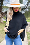 Black Lace-Up Sleeve Turtleneck Knitted Poncho Top