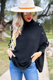 Black Lace-Up Sleeve Turtleneck Knitted Poncho Top