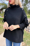 Black Lace-Up Sleeve Turtleneck Knitted Poncho Top
