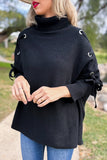 Black Lace-Up Sleeve Turtleneck Knitted Poncho Top