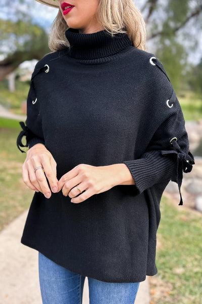 Black Lace-Up Sleeve Turtleneck Knitted Poncho Top