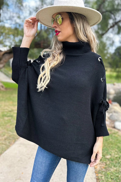 Black Lace-Up Sleeve Turtleneck Knitted Poncho Top