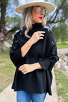 Black Lace-Up Sleeve Turtleneck Knitted Poncho Top