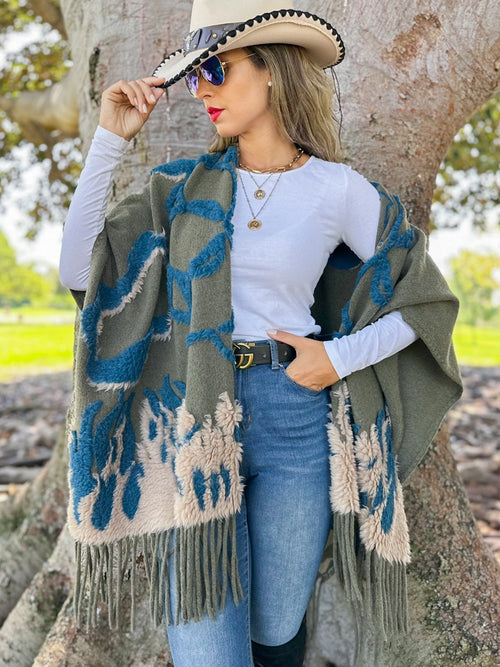 Olive/Grey Boho 3D Textured Abstract Fringe Ruana Wrap