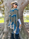 Olive/Grey Boho 3D Textured Abstract Fringe Ruana Wrap