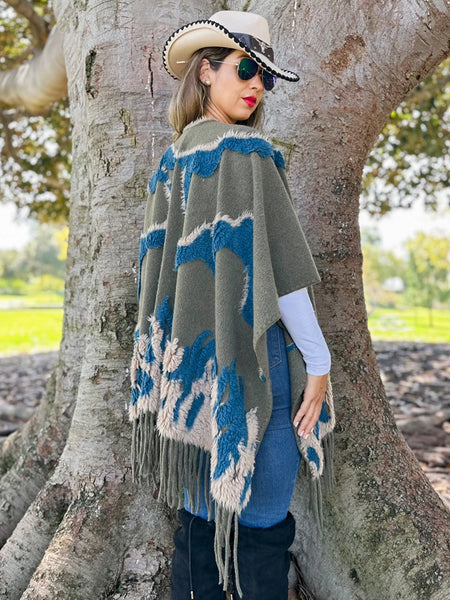 Olive/Grey Boho 3D Textured Abstract Fringe Ruana Wrap