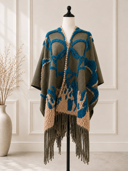 Olive/Grey Boho 3D Textured Abstract Fringe Ruana Wrap