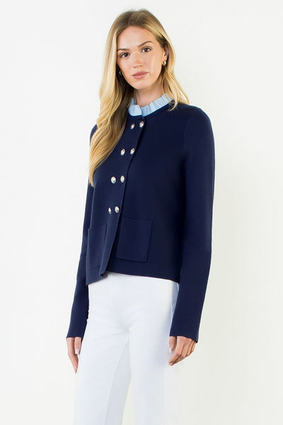 Ruffled Collar Cardigan With Silver Buttons