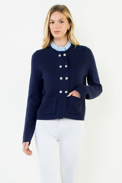Ruffled Collar Cardigan With Silver Buttons