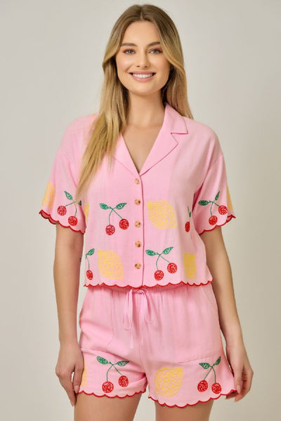 FRUIT EMBROIDERED BUTTON BLOUSE