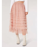 Apricot Tulle Layered Midi Skirt - Pink