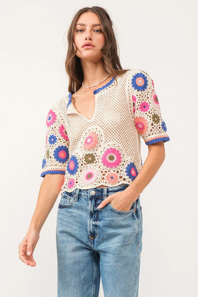 JAMILA PUFF SLEEVE CROCHET TOP MULTI-COLOR-BLOOMS