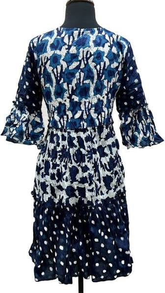 Jazz Mix Print Ruffle Sleeve Dress in navy/white