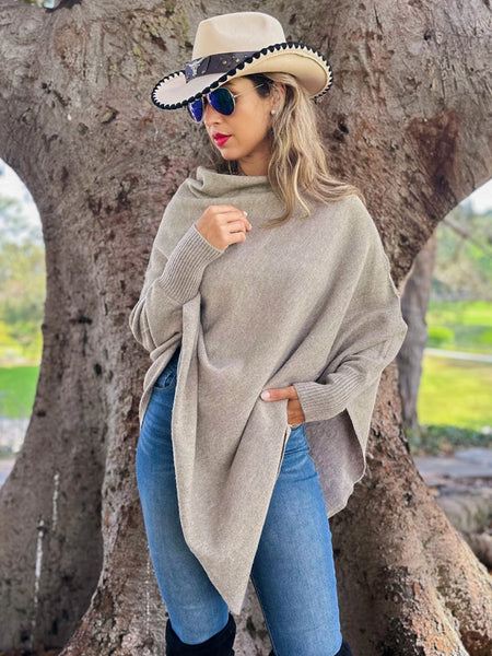 Lightweight Lurex Knit Dolman Sleeve Pullover Top - Taupe