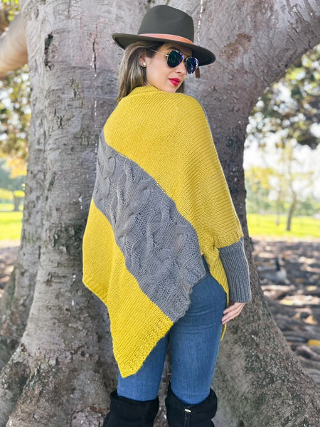 Mustard Taupe Grey Cable Knit Dolman Sleeve Pullover Sweater