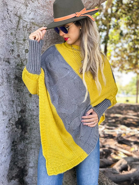 Mustard Taupe Grey Cable Knit Dolman Sleeve Pullover Sweater