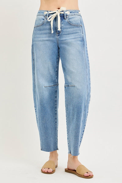 SLOUCHY ANKLE BARREL JEANS WITH WAISTBAND DRAWSTRING