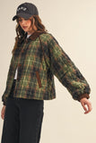 Plaid Quilted Jacket with Contrast Corduroy Detail