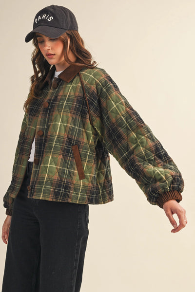 Plaid Quilted Jacket with Contrast Corduroy Detail